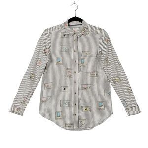 PILCRO Striped Floral Embroidered Classic Buttondown Long Sleeve Shirt SIZE XS